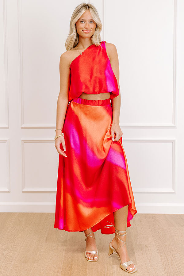 Moonlit Lagoon High Waist Satin Midi Skirt in Red Image 4