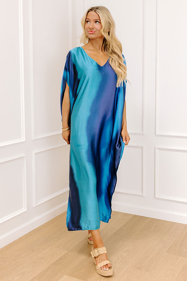 Moonlit Lagoon Satin Caftan Maxi Dress in Blue Image 1