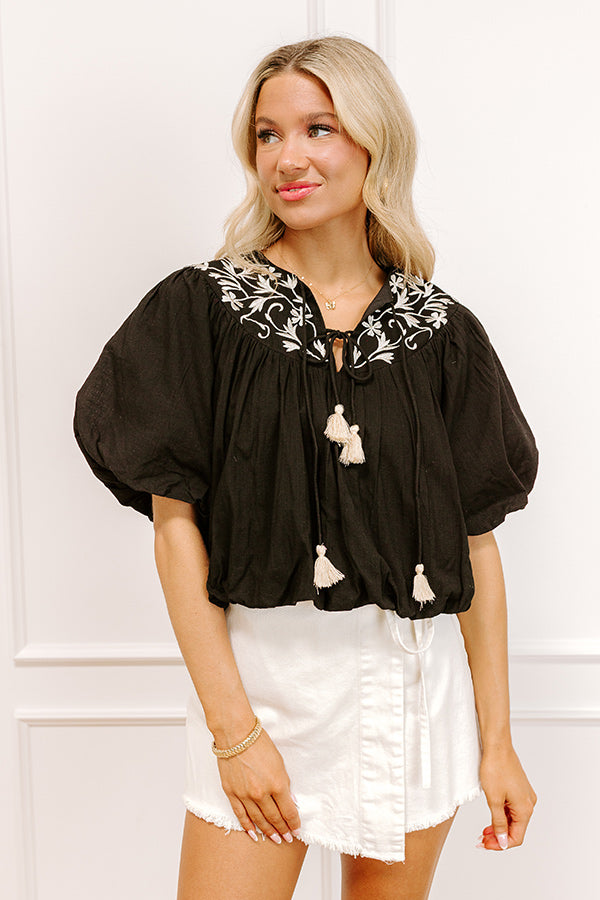 Antigua Bound Embroidered Top in Black