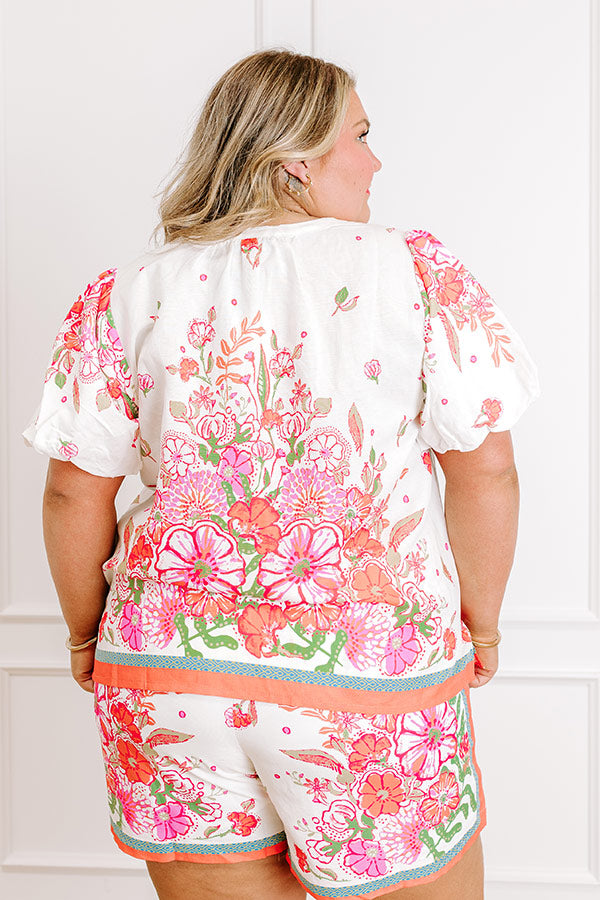 Santorini Daydream Linen-Blend Floral Top in Ivory Curves Image 4