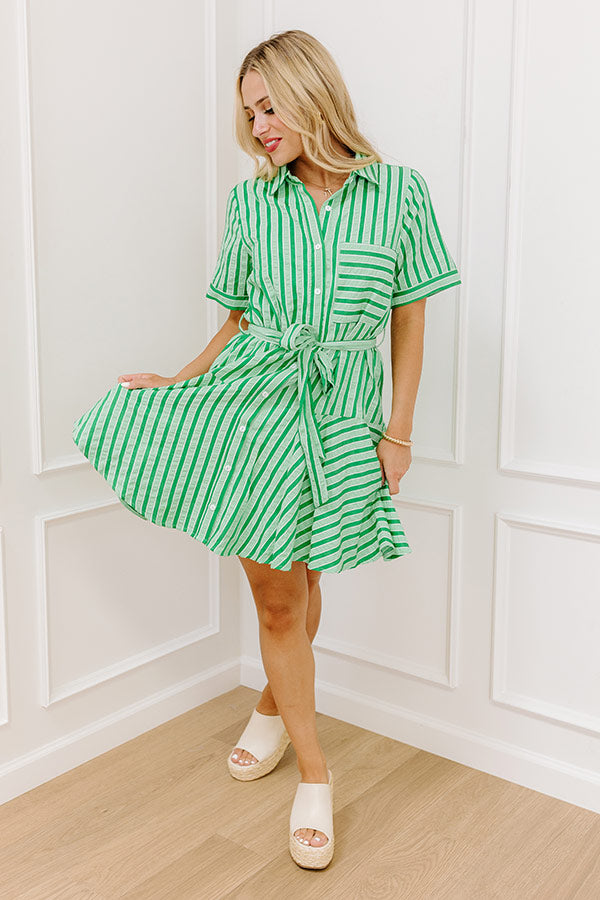 Luxe Lines Button Down Mini Dress in Green Image 3