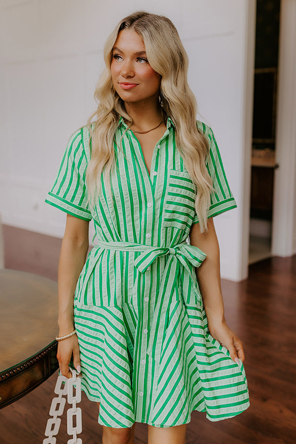 Luxe Lines Button Down Mini Dress in Green Image - 3