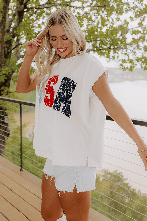 Red, White And Lace USA Embroidered Tee Image 4