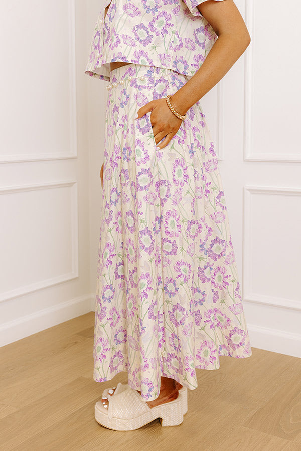Butterfly Garden High Waist Floral Midi Skirt in Lavender Image 4