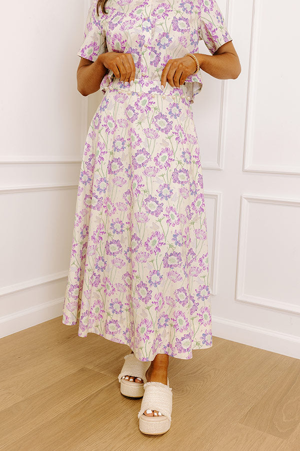 Butterfly Garden High Waist Floral Midi Skirt in Lavender Image 3