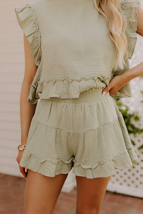 Coastal Muse Gauze High Waist Ruffle Shorts in Sage Image 2