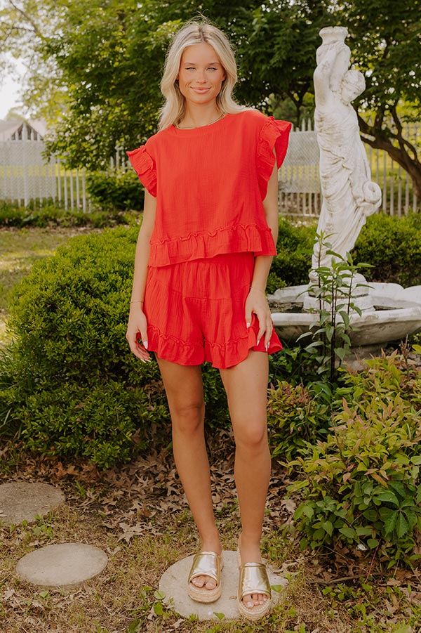 Coastal Muse Gauze High Waist Ruffle Shorts in Red Image 1