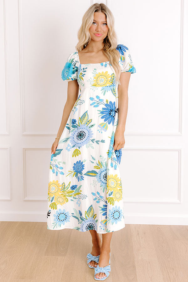 Joyful Blooms Linen-Blend Midi Dress in Blue Image 1