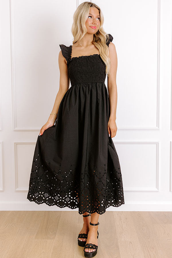 Call It Serendipity Smocked Eyelet Midi Dress in Black Image 2