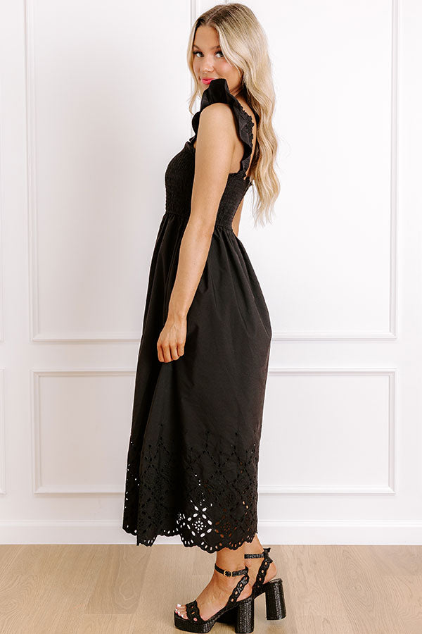 Call It Serendipity Smocked Eyelet Midi Dress in Black Image 3