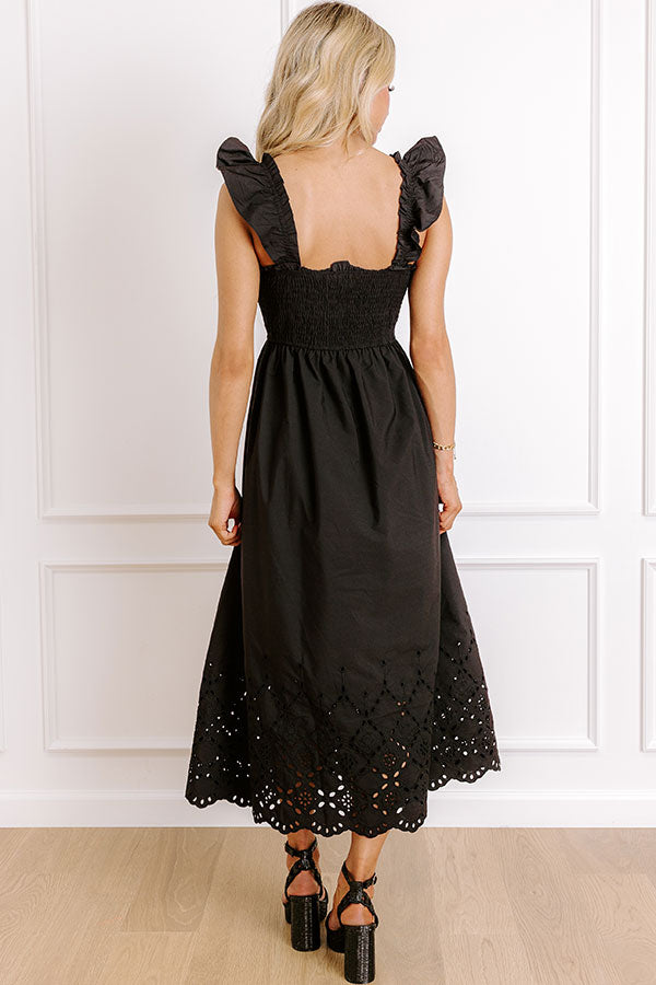 Call It Serendipity Smocked Eyelet Midi Dress in Black Image 4