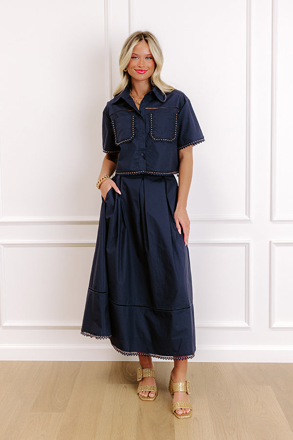 Courtyard Brunch High Waist Midi Skirt in Navy Image 1