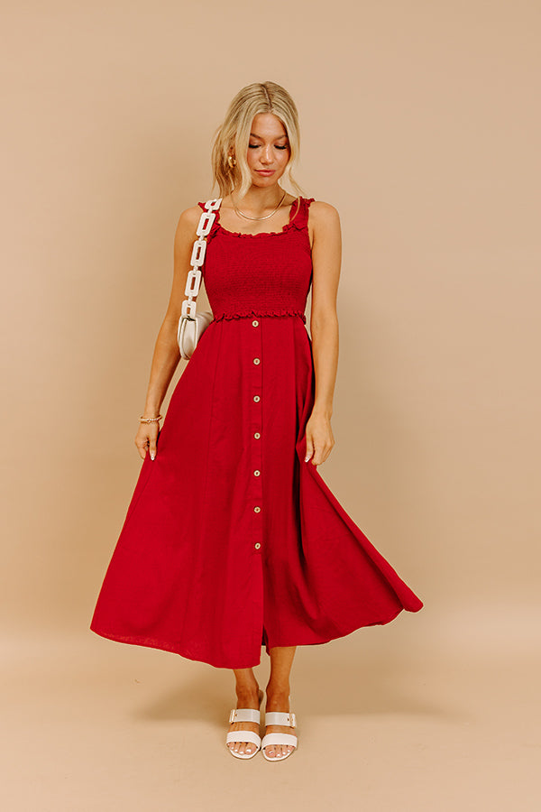 Harvest Lane Linen-Blend Midi Dress in Crimson Image 1