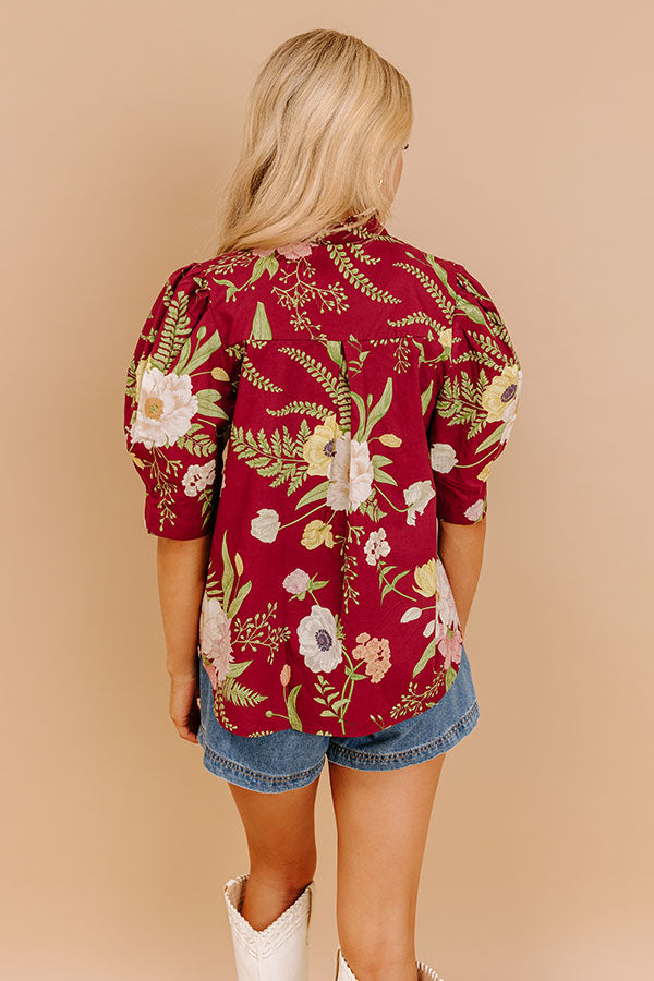 Dreaming Of Dahlias Button Up Top in Wine Image 5