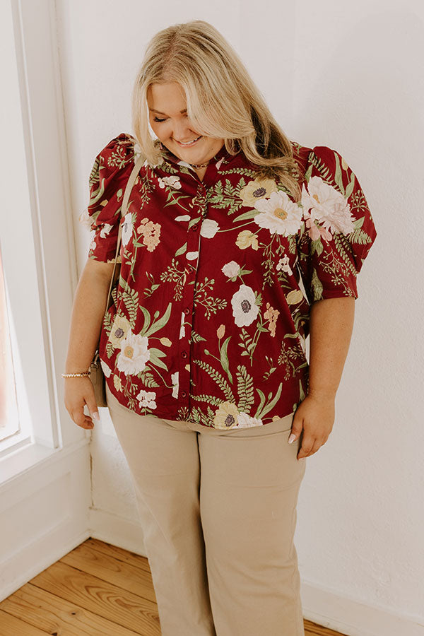 Dreaming Of Dahlias Button Up Top in Wine Curves Image 3