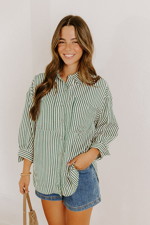 Stripe A Pose Oversized Button Up Top in Hunter Green Image 5