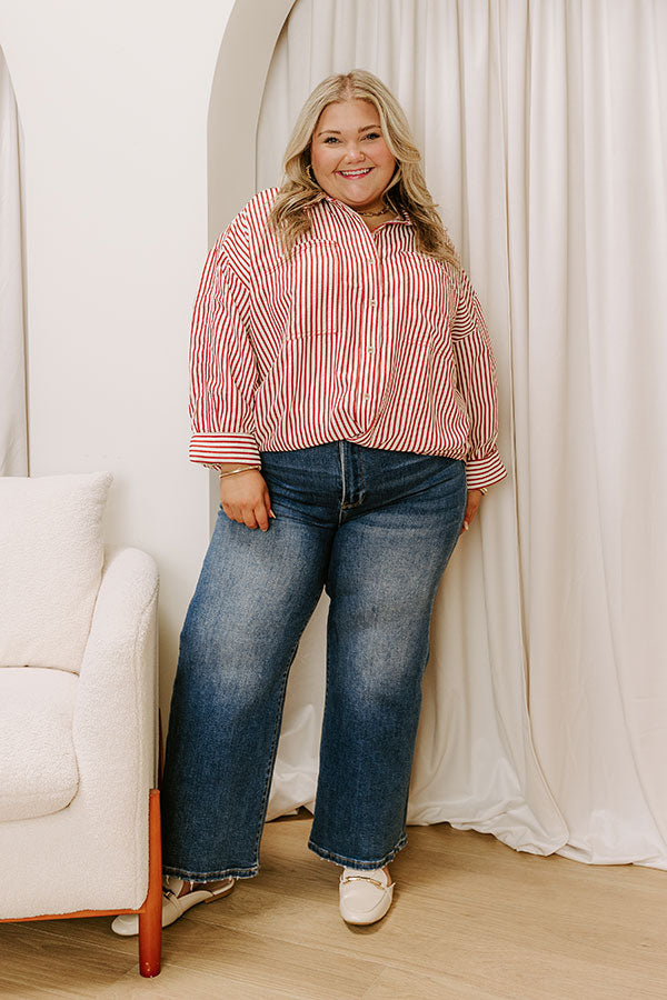 Stripe A Pose Oversized Button Up Top in Rust Curves Image 2
