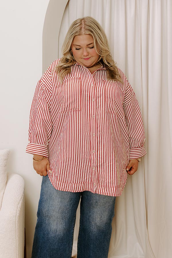 Stripe A Pose Oversized Button Up Top in Rust Curves Image 3