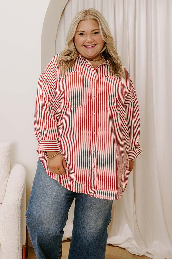 Stripe A Pose Oversized Button Up Top in Rust Curves Image 4