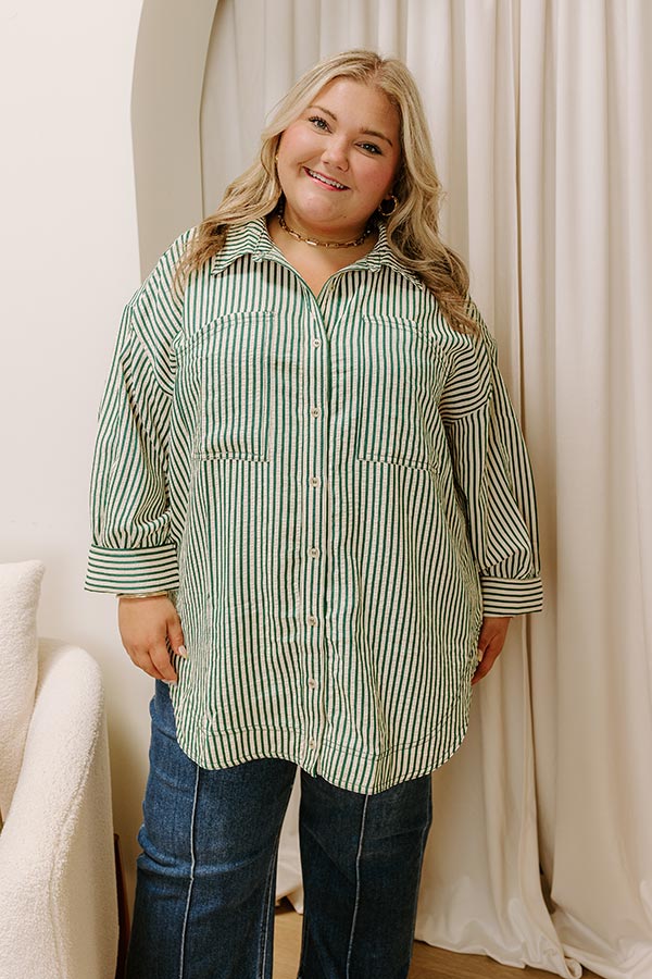 Stripe A Pose Oversized Button Up Top in Hunter Green Curves Image 1