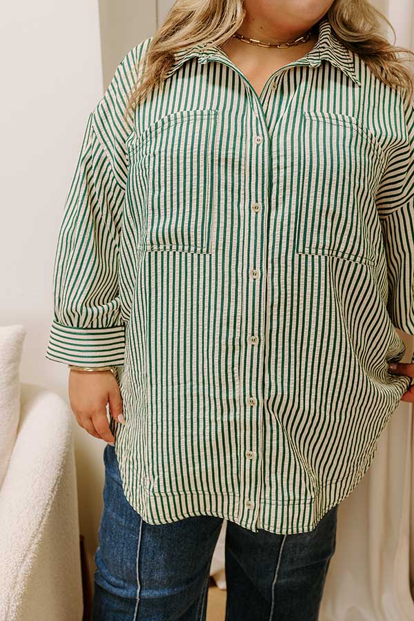 Stripe A Pose Oversized Button Up Top in Hunter Green Curves Image 2