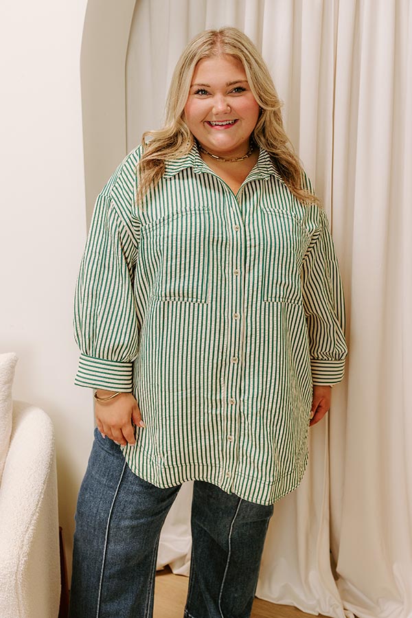 Stripe A Pose Oversized Button Up Top in Hunter Green Curves Image 3