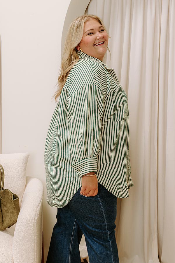 Stripe A Pose Oversized Button Up Top in Hunter Green Curves Image 4