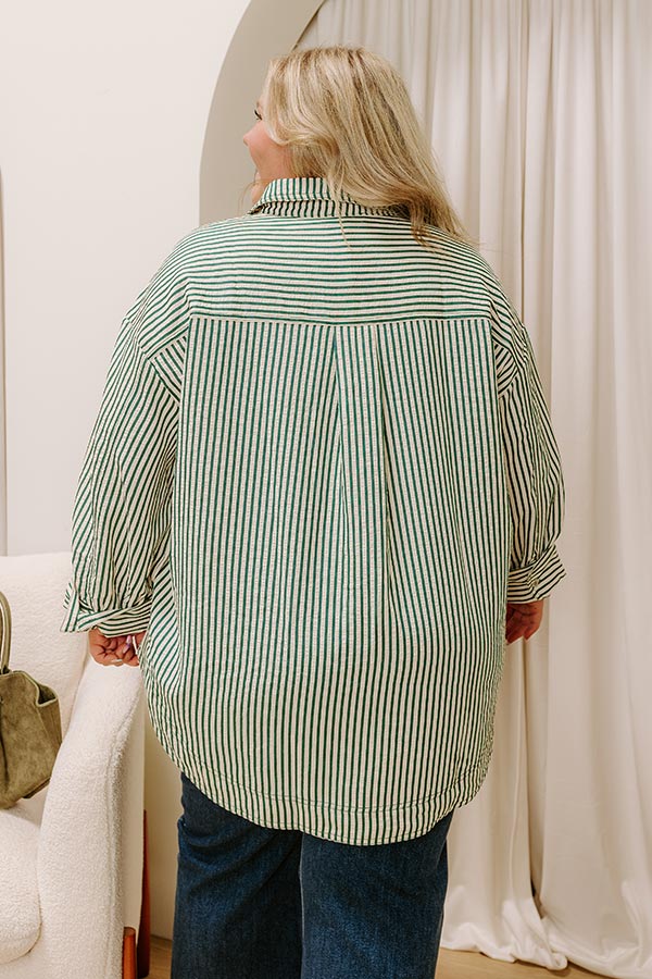 Stripe A Pose Oversized Button Up Top in Hunter Green Curves Image 5