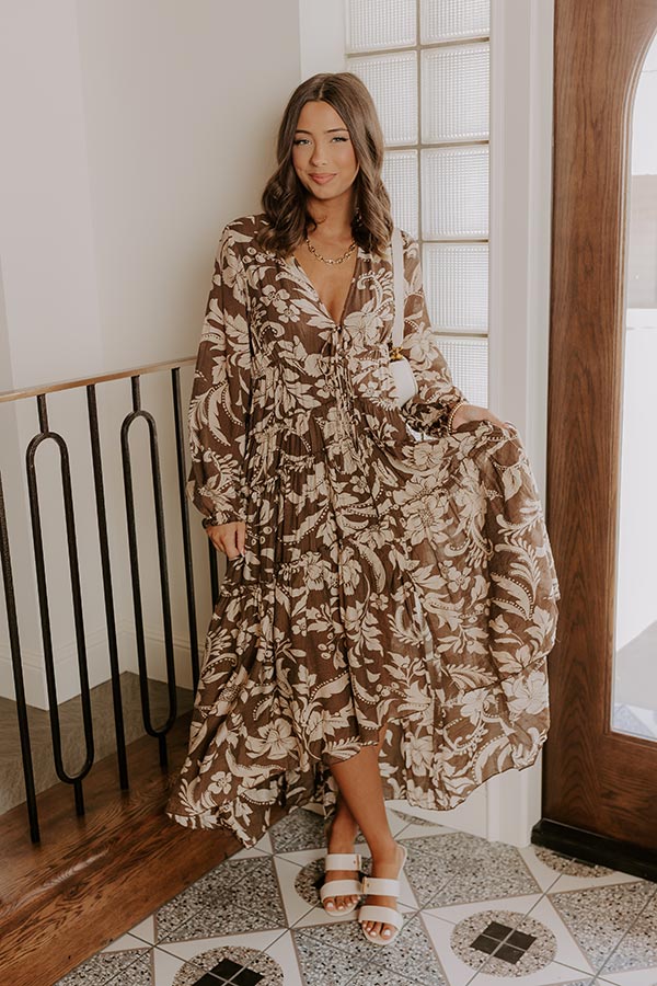 Vino Sipping Floral Midi Dress in Mocha Image 1