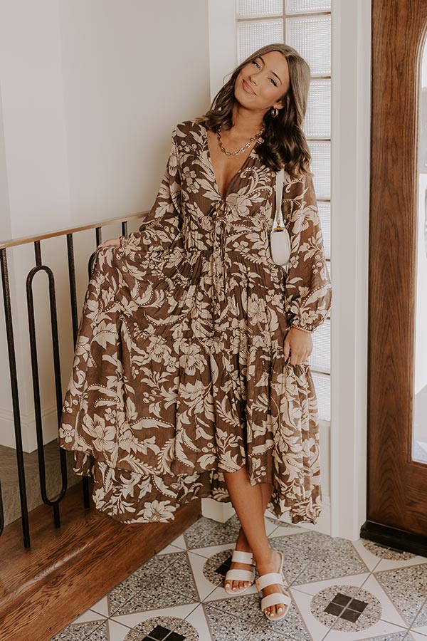 Vino Sipping Floral Midi Dress in Mocha Image 2