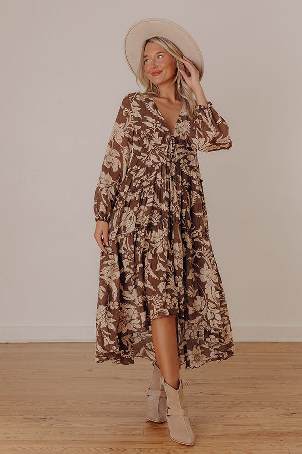 Vino Sipping Floral Midi Dress in Mocha Image - 2