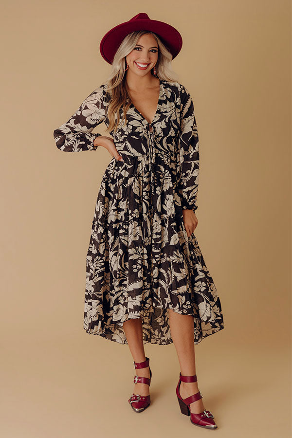 Vino Sipping Floral Midi Dress in Black Image - 1