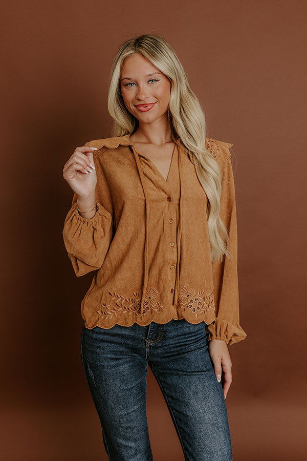 Rosehill Estate Faux Suede Button Up Top in Camel Image 1