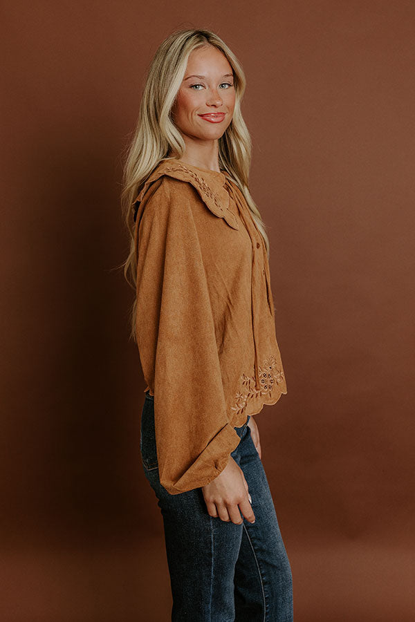 Rosehill Estate Faux Suede Button Up Top in Camel Image 3