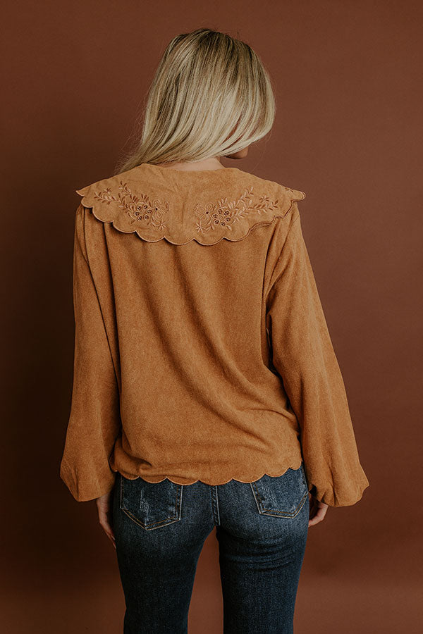 Rosehill Estate Faux Suede Button Up Top in Camel Image 4