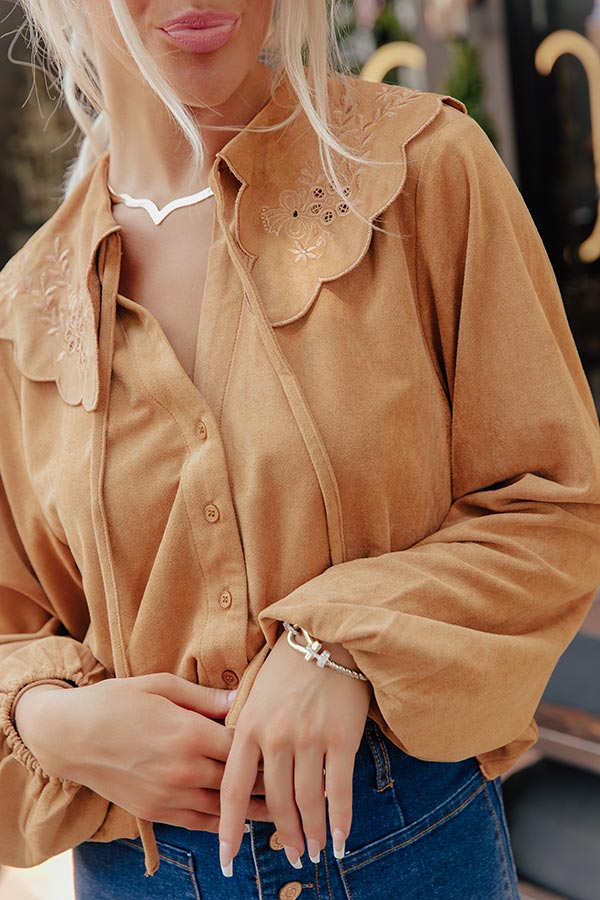 Rosehill Estate Faux Suede Button Up Top in Camel Image - 2