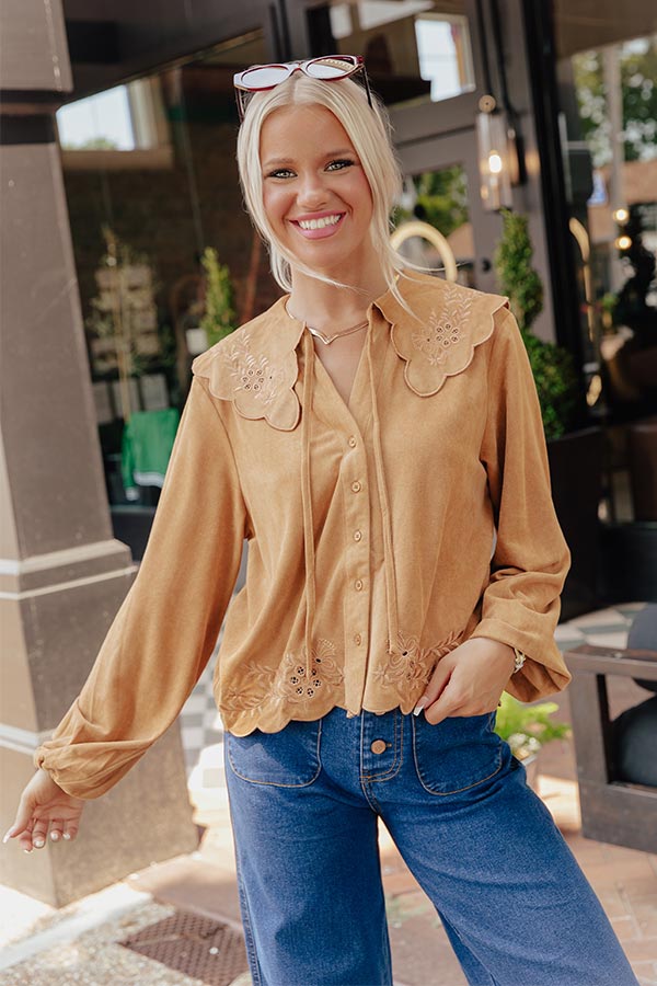 Rosehill Estate Faux Suede Button Up Top in Camel Image - 1