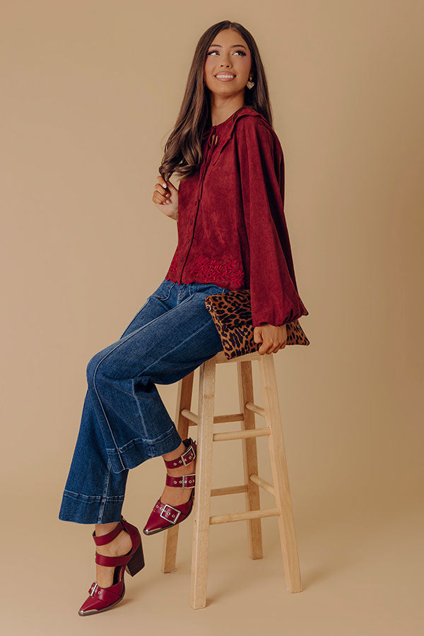 Rosehill Estate Faux Suede Button Up Top in Merlot Image - 1