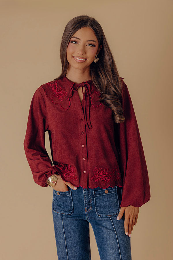Rosehill Estate Faux Suede Button Up Top in Merlot Image - 2