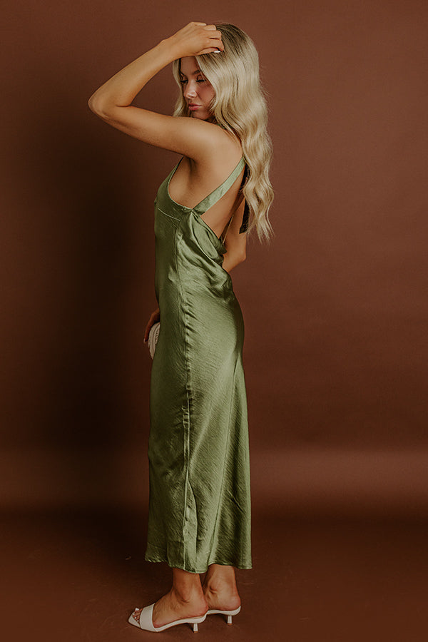 Glitz And Glam Satin Midi Dress in Olive Image 4