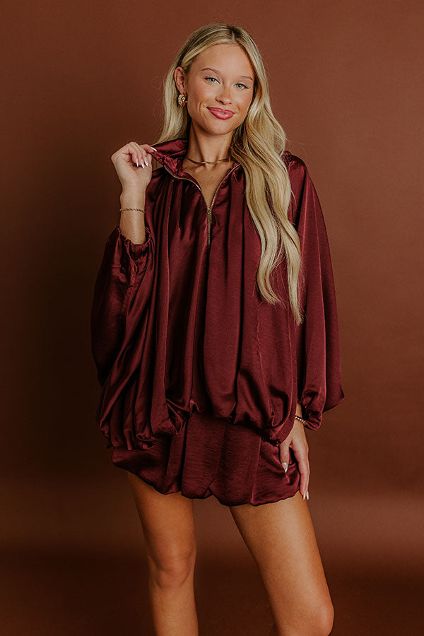 Rooftop Cocktails Satin Zip Up Top in Merlot Image - 1