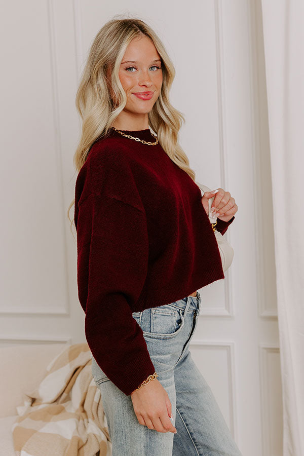 Comfy Chic Knit Crop Sweater Top in Maroon Image - 5