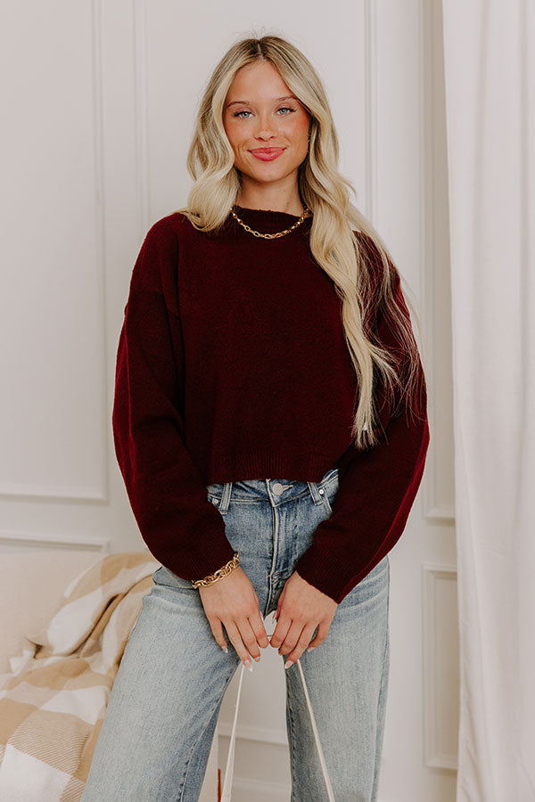 Comfy Chic Knit Crop Sweater Top in Maroon Image - 1