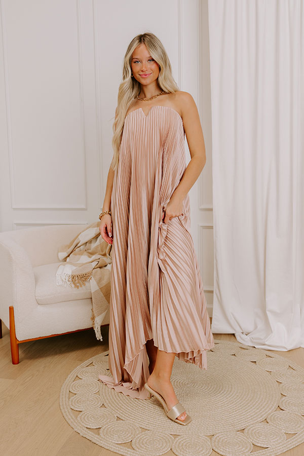 Moonlit Waltz Satin Pleated Maxi Dress in Champagne Image 2