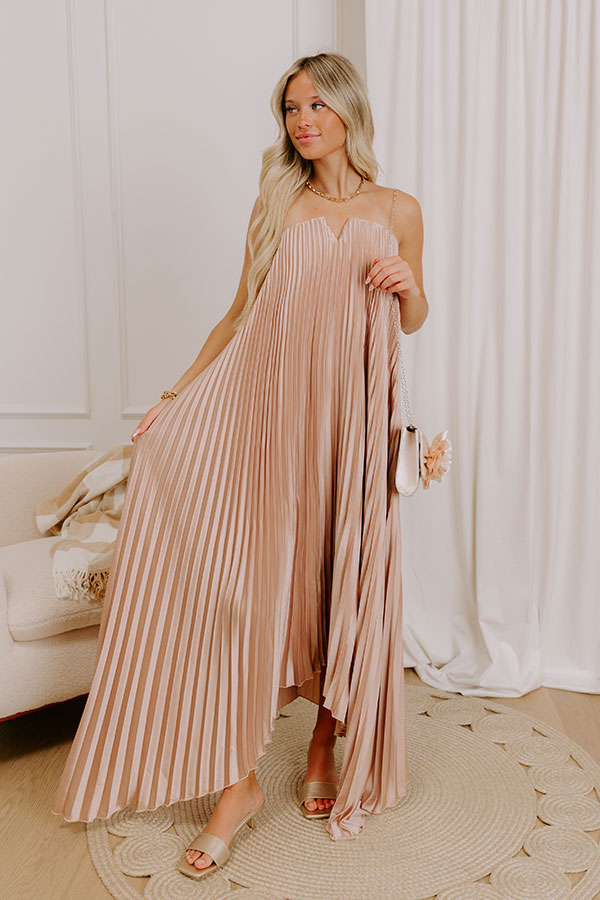 Moonlit Waltz Satin Pleated Maxi Dress in Champagne Image 3