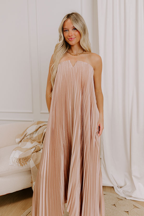Moonlit Waltz Satin Pleated Maxi Dress in Champagne Image 4