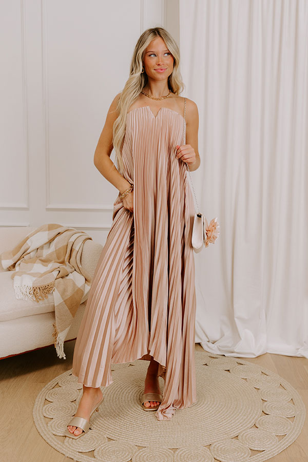 Moonlit Waltz Satin Pleated Maxi Dress in Champagne Image 5