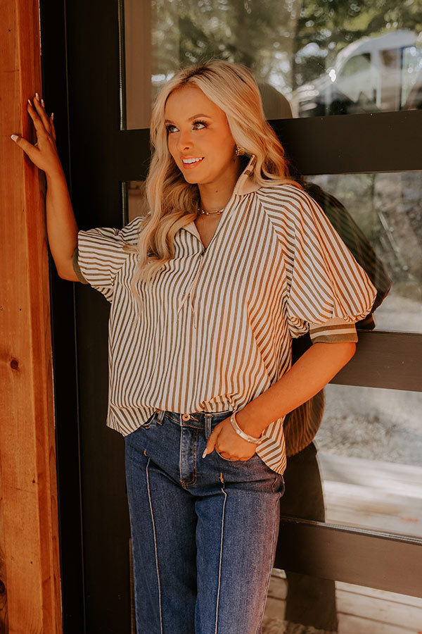 Smiles And Stripes Quarter Zip Top in Sage  Image 1