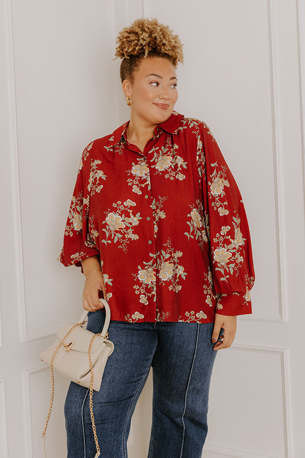 Harvest Bloom Floral Button Up Top in Brick Red Curves Image 3