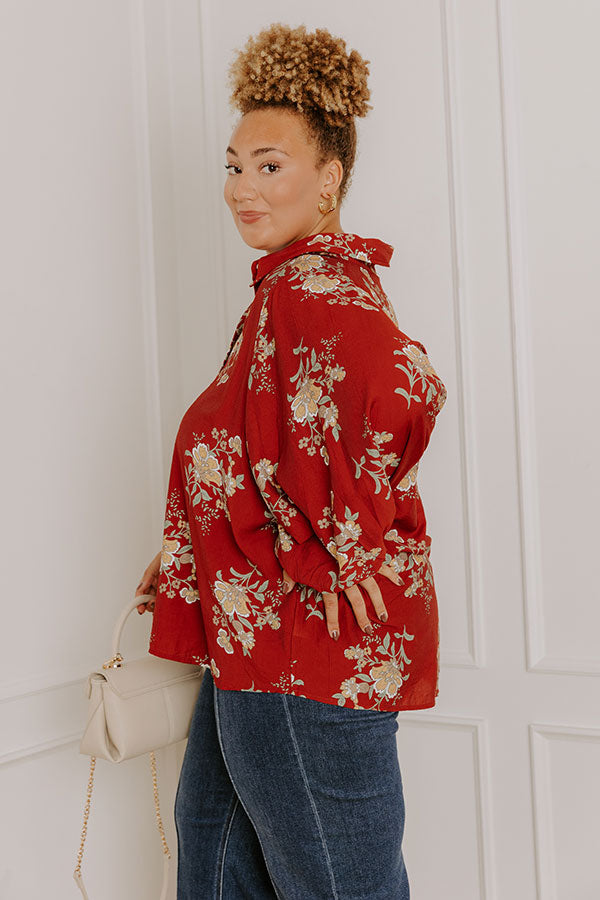 Harvest Bloom Floral Button Up Top in Brick Red Curves Image 5
